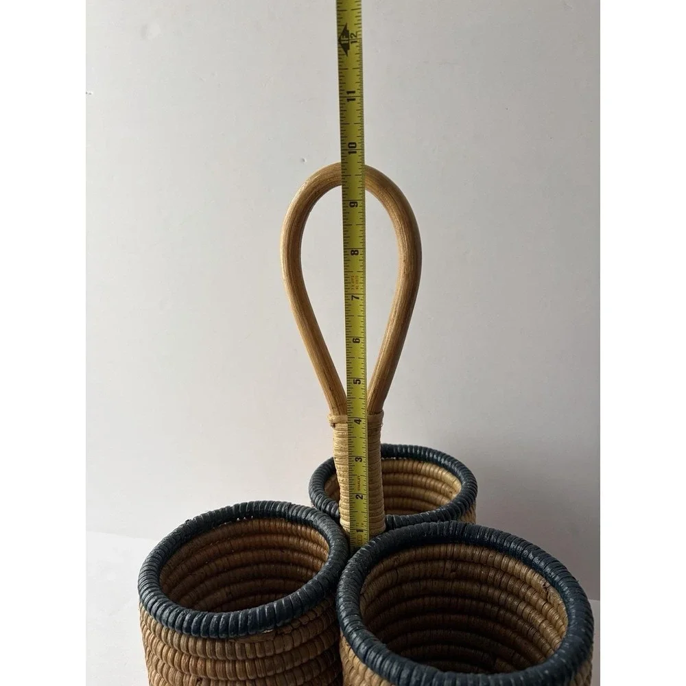 Vintage Woven‎ Rattan 3 Compartment Caddy Basket w Handle Boho